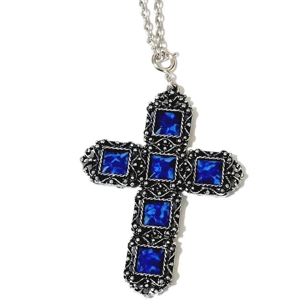 Vintage Silver Cobalt Blue Cross Pendant Necklace Ornate Faceted Lucite Large - Picture 3 of 4